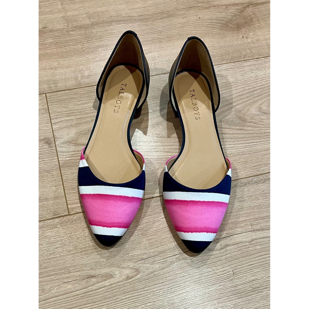 Talbots Edison D'Orsay Painted Stripe Flats Pink Navy White Leather Sole 8M NWOT